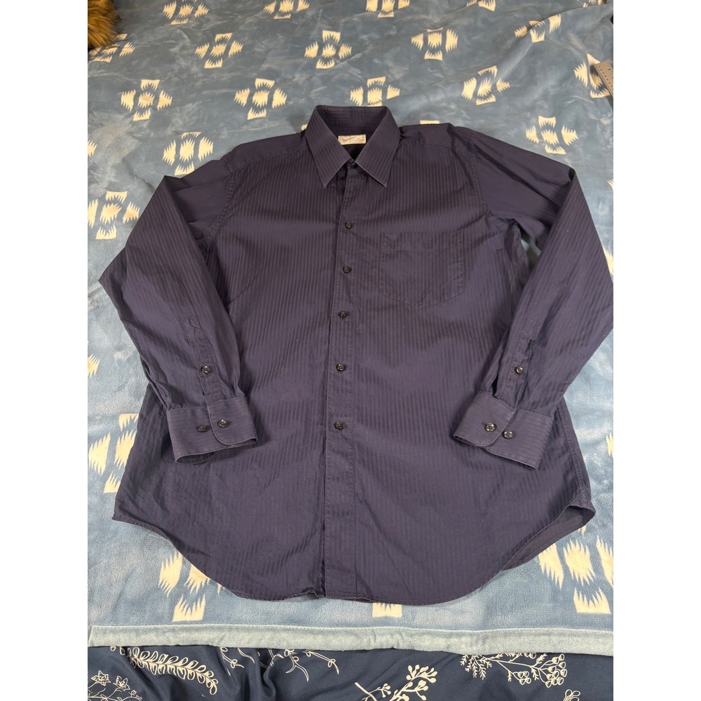 Barcelino Cellini Mens Navy Blue Striped Button Down Shirt Made in Italy Size 16